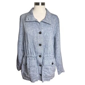 Lands End Cinch Waist Utility Jacket Womens L Blue Linen Chambray Button Up